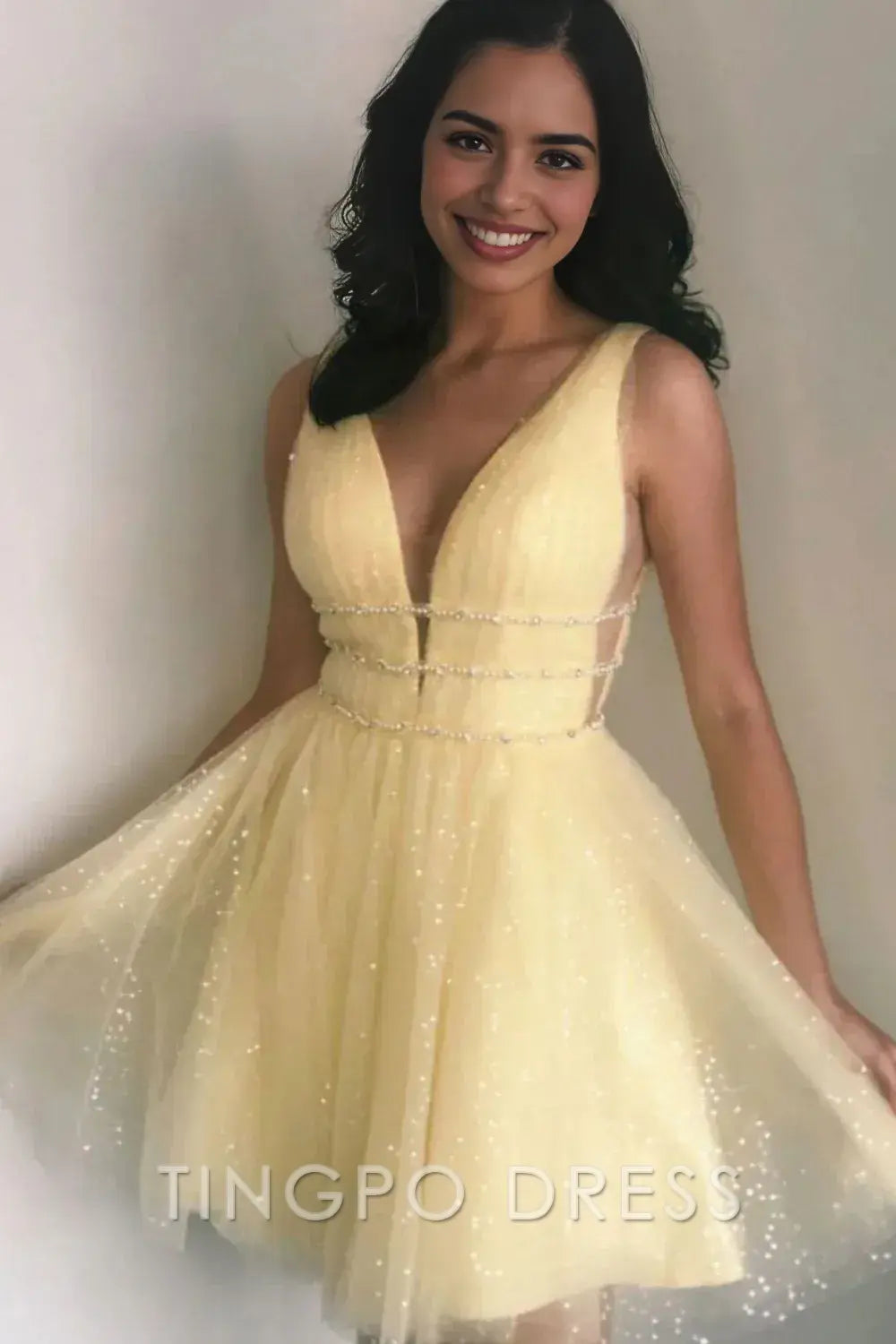 TingPo Wholesale Elegant Romantic A-line Deep V Neck Homecoming Dress formal wear dresses